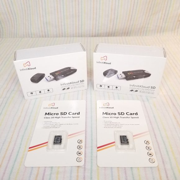 2 NIB InfinitiKloud Gen 2 Flash Drives & 2 64gb MicroSD Cards Mac Android - Picture 1 of 5